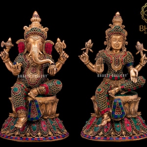 Brass Lakshmi Ganesha Statue, 15&quot; Inch Big Large Lakshmi Ganesh Idol in Brass With Stonework, Ganesh Laxmi Sculpture, Ganesha Laxmi Figurine