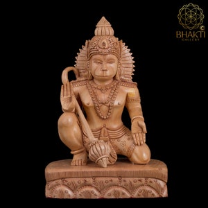 Wood Hanuman Statue, 9&quot; Inch Big Hand Carved Hanuman Idol in Wooden, Rama Bhakta Hindu Monkey God For Devotion, Strength, Celibacy & Bhakti