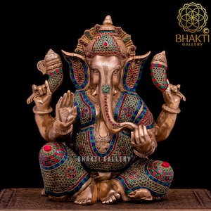 Brass Ganesha Statue, 19&quot; Inch Big Ganesh Murti in Brass With Stonework, Large Hindu Elephant Head God Ganapati Idol For Home Entrance Decor