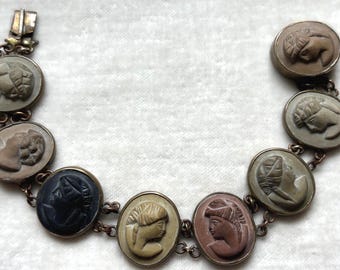 Antique Victorian Grand Tour Lava Stone Bracelet - 7 Days of the Week - 8 Panels - Gold Tone Hand Carved Italy