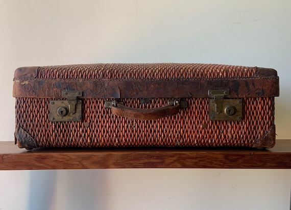 1920's Japanese Wicker and Leather Suitcase - image 1