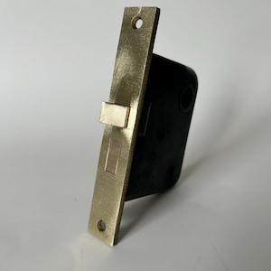 May include: A brass-colored door latch with a rectangular faceplate and a black body. The faceplate has two screw holes and a rectangular opening for the latch bolt. The latch bolt is extended. The door hardware is set against a white background.