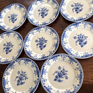 Set of 8 Vintage Royal Delft Hand-Painted 8" Plates - Signed Blue & White Floral - Mid-Century Made in Holland