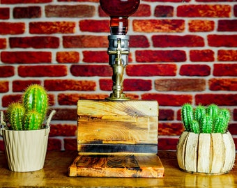 Father's Day Gift , Dispenser on Wooden Base , Handcrafted Industrial Whiskey Dispenser , Steampunk , Drink Liquor Home Bar Art