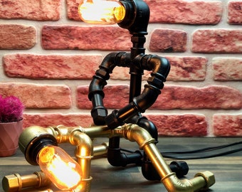 PipeMan Desk Lamp, Robot Lamp, Home Decor, Gift for him, Edison Steampunk lamp, Farmhouse decor, Gift for the boy, Industrial lighting