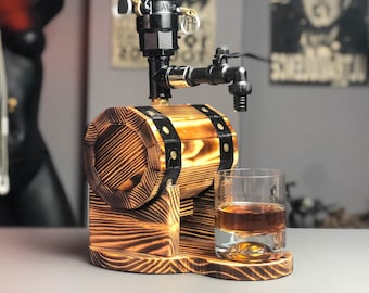 Whiskey Barrel Liquor Dispenser: Rustic Man Cave Bar Decor