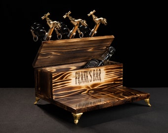 Personalized Wooden Whiskey Dispenser with Crate: Engraved Liquor Fountain