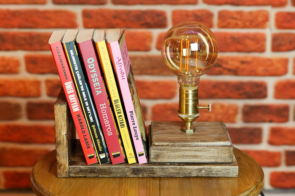 Bookend Lamp Steampunk Light Book Rustic Wooden Book Stand Etsy