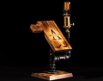 Personalized Wood Desk Lamp Organizer: Steampunk Edison Bulb Charging Station