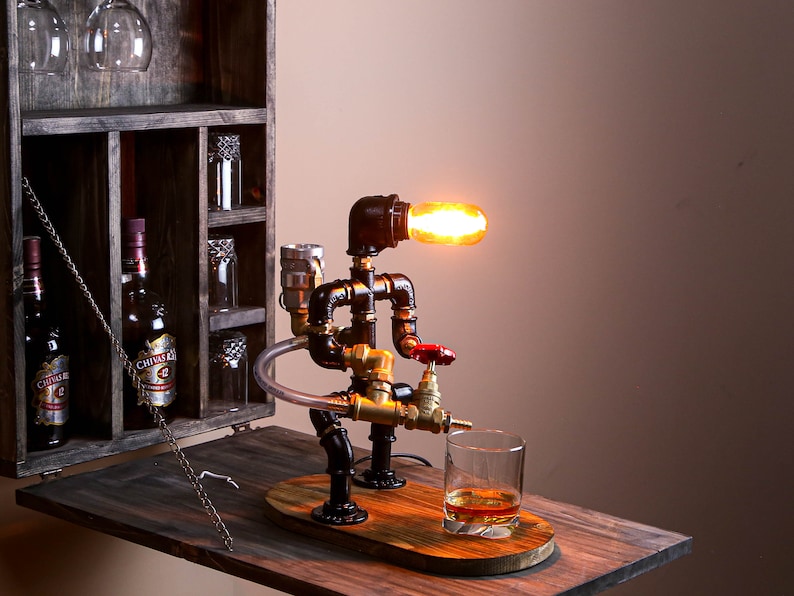 Father's Day Gift ,Steampunk Fireman pipe robot Night Lamp, Liquor Whisky Wine dispenser, Firefighter Gift for Him ,Anniversary Gift for Men image 2