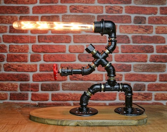 Birthday Gift , Steampunk Desk Lamp , Table Lamp , Pipe Man Lamp , Industrial Lighting ,Handcrafted,Adjustable Lamp , Gift for Him