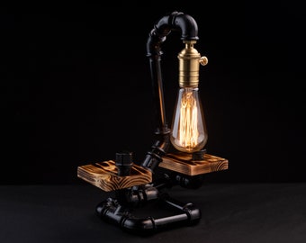Steampunk Table Lamp: Industrial Edison Desk Lamp, Rustic Pine Wood