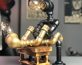 PipeMan Desk Lamp Robot Lamp Home Decor Gift for him Edison Steampunk lamp Farmhouse decor Gift for the boy Industrial lighting