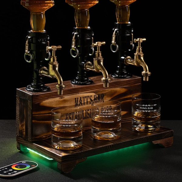 Distributeur de whisky avec RVB, distributeur personnalisé, distributeur d'alcool, fête des pères, cadeau personnalisé, homme des cavernes, décoration de bar, créations artisanales en bois