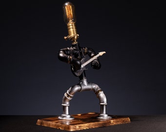Steampunk Guitarist Lamp: Industrial Edison Desk Light, Rustic Decor