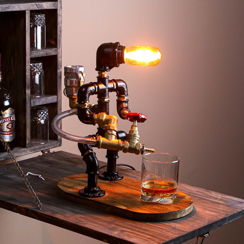 Father's Day Gift ,Steampunk Fireman pipe robot Night Lamp, Liquor Whisky Wine dispenser, Firefighter Gift for Him ,Anniversary Gift for Men image 1