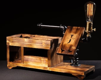 Personalized Wood Desk Organizer Lamp: Steampunk Edison Bulb Charging Station