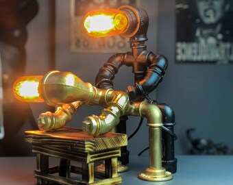 PipeMan Desk Lamp, Robot Lamp, Home Decor, Gift for him, Edison Steampunk lamp, Farmhouse decor, Gift for the boy, Industrial lighting