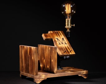 Personalized Wood Desk Lamp Organizer: Steampunk Edison Bulb Charging Station