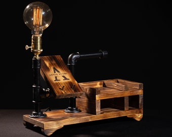 Wooden Desk Lamp Organizer: Steampunk Edison Bulb Charging Station
