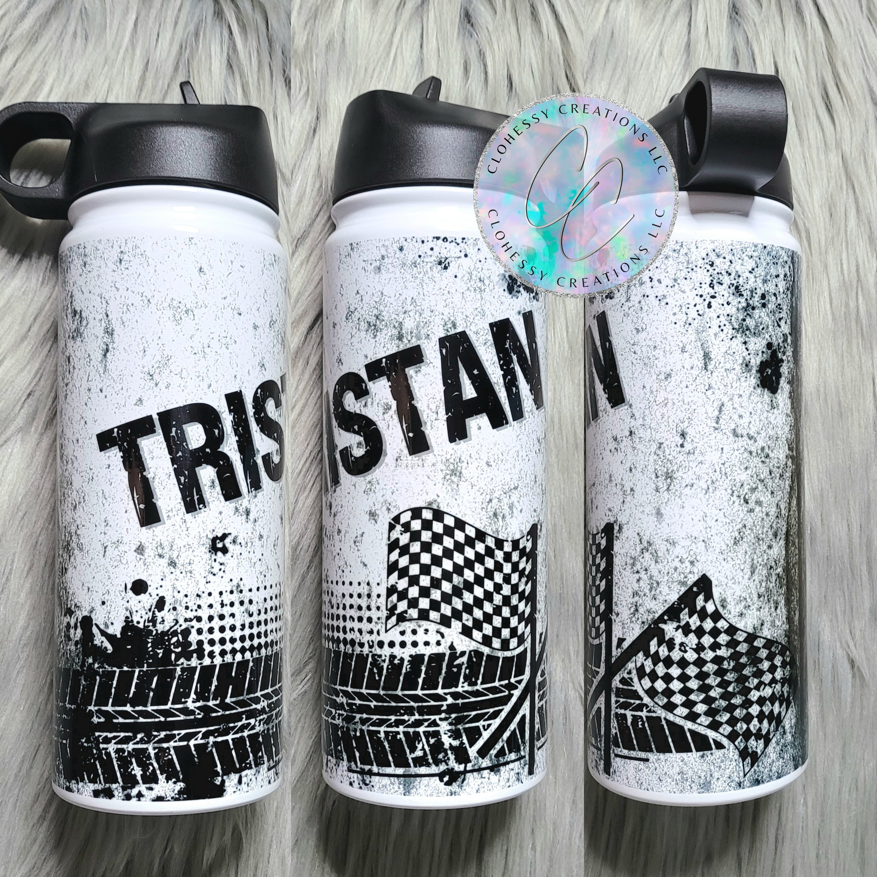 Personalized Racing Water Bottle Checkered Flag Cup Loves 