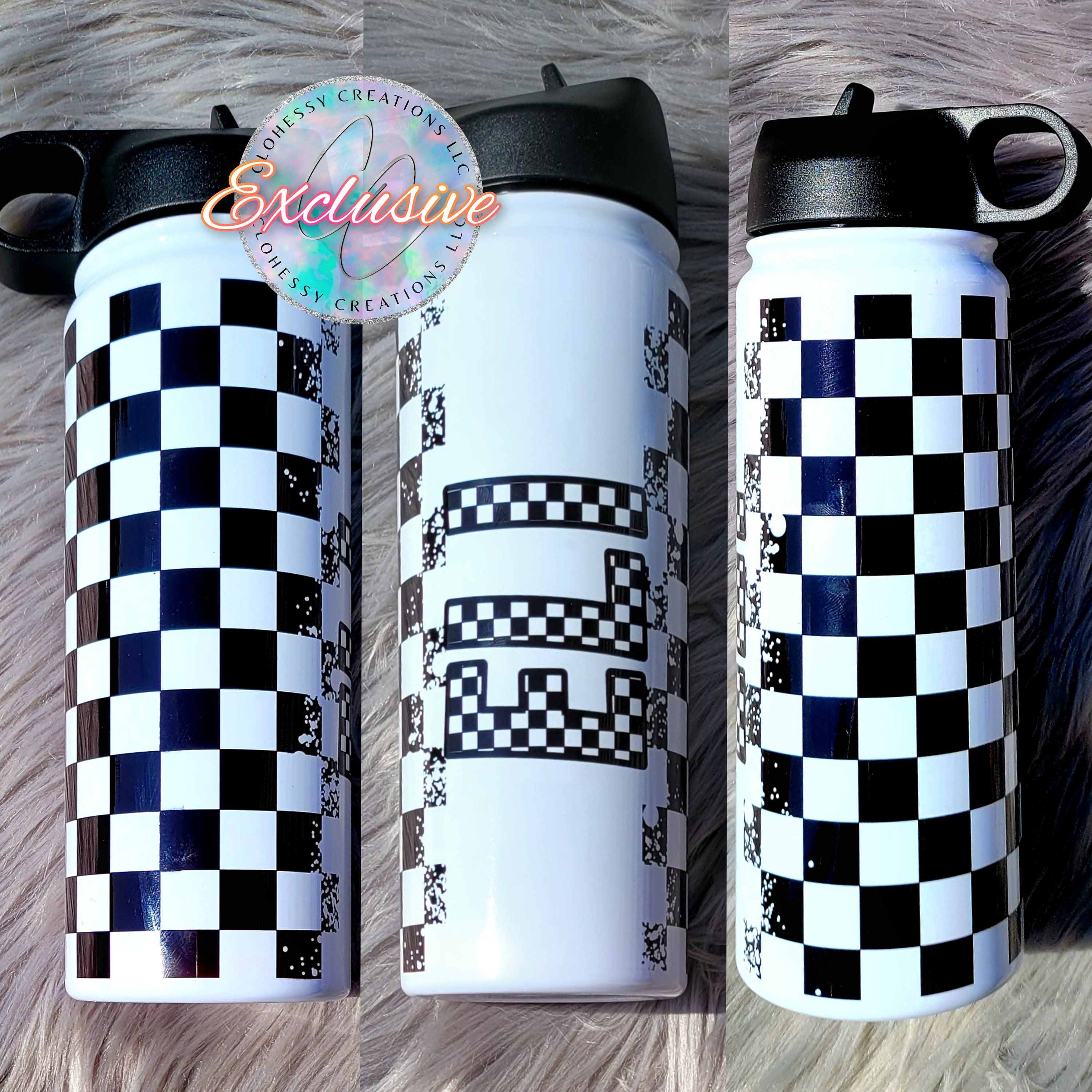 Personalized Racing Water Bottle Checkered Flag Cup Loves 