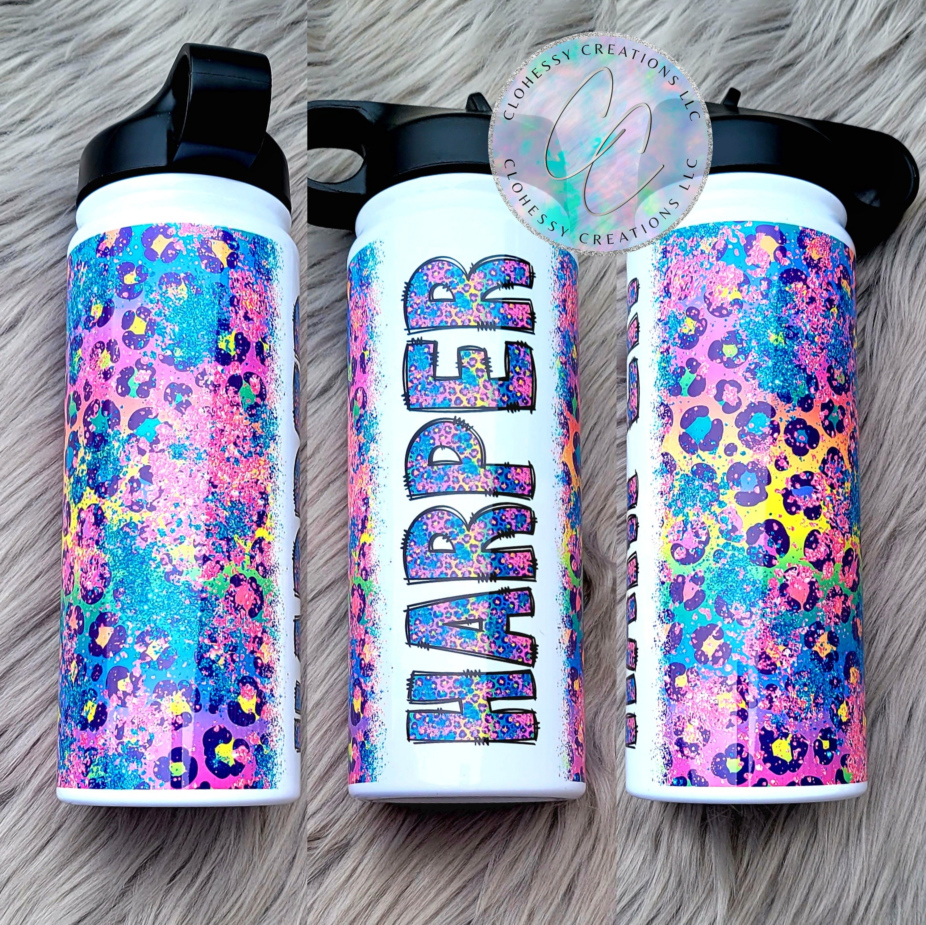 Wild Child Rainbow Cheetah/Leopard Print Custom & Personalized 12 oz Kids Water  Bottle