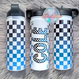 Personalized Racing Water Bottle | Checkered Flag Cup | Loves Racing | Boy School Racing | Custom Racing Tumbler | Race Track Cup |