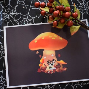 AC Maple inspired reading by mushrooms and falling leaves Autumnal glossy print (approx. 21cm x 15cm including border)