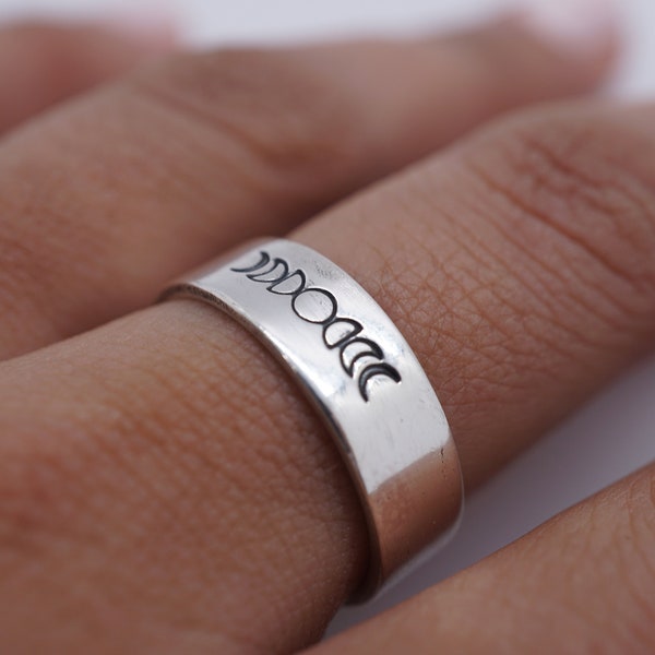 Sterling Silver Wide Band Moon Phases Ring | Silver Moon Phases Ring