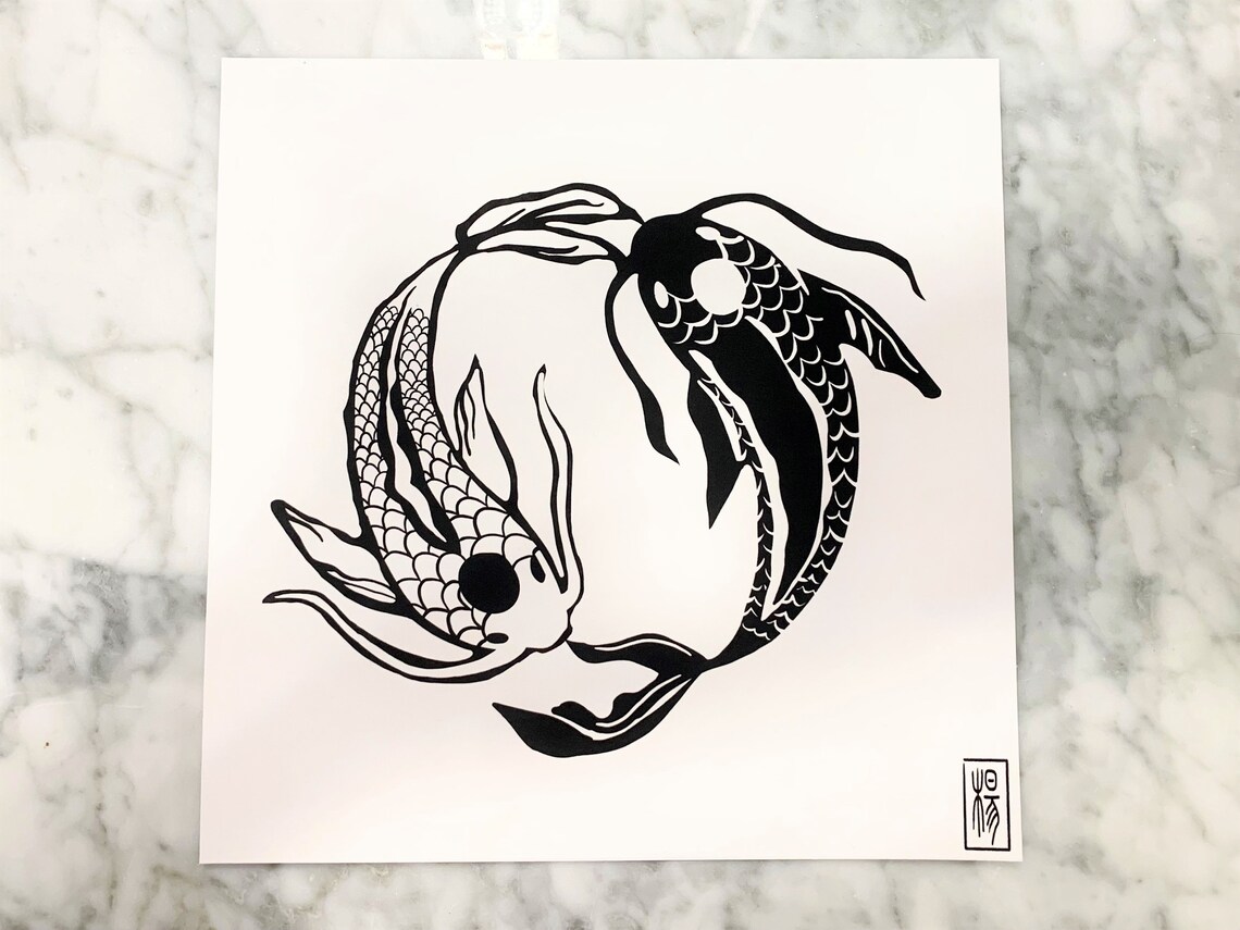 Yin Yang Koi Spirit Fish ATLA papercutting Style Square Art Etsy