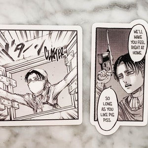 May include: Two stickers featuring manga-style illustrations. One shows a character breaking through a window with Japanese sound effects. The other depicts a character holding a gun with text bubbles that read, "We'll make you feel right at home" and "So long as you like pig piss."