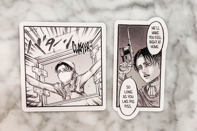 May include: Two stickers featuring manga-style illustrations. One shows a character breaking through a window with Japanese sound effects. The other depicts a character holding a gun with text bubbles that read, "We'll make you feel right at home" and "So long as you like pig piss."