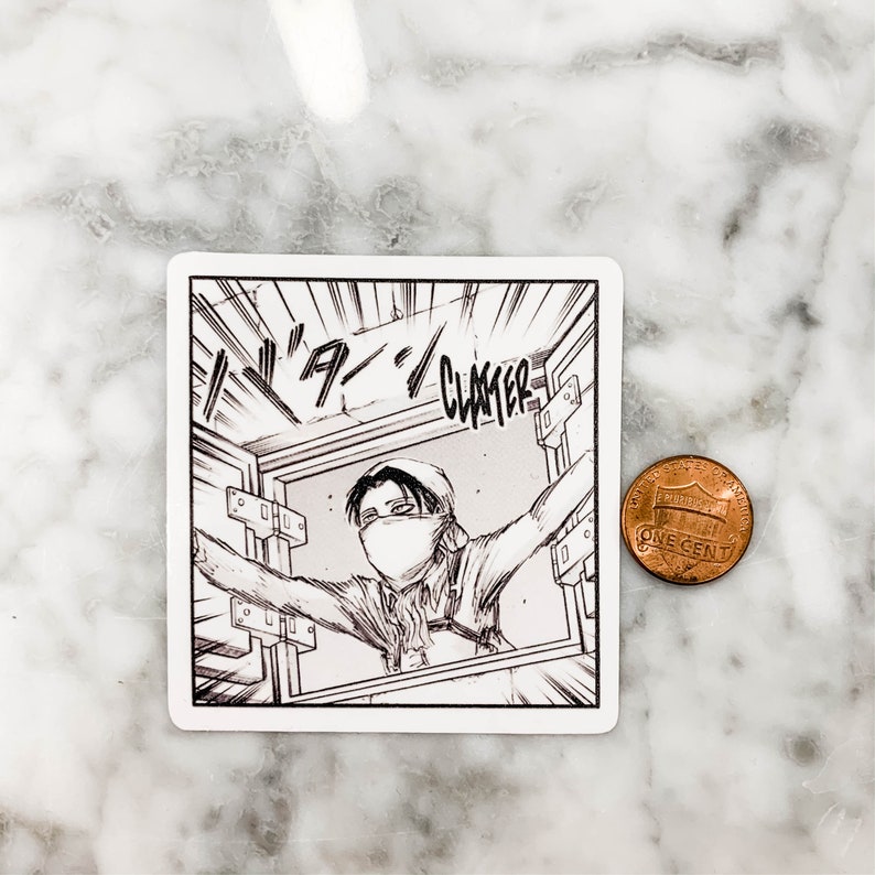 May include: Square sticker featuring a black and white manga-style illustration of a character in a window frame. The character is wearing a face covering and has their arms outstretched. The word "CLATTER" is visible.