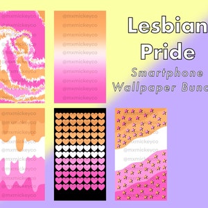Puede incluir: Un paquete de seis fondos de pantalla para smartphone con temática de Orgullo Lésbico. Los diseños incluyen patrones abstractos en rosa, naranja y blanco, junto con motivos de corazones y estrellas. Se muestra el texto "Lesbian Pride Smartphone Wallpaper Bundle".