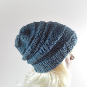Hand Knit Alpaca Wool Slouchy Beanie - Denim Blue