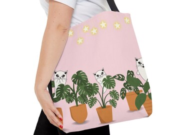 Cottagecore Ghost Cats and Plants Tote Bag, Gift Bag for Boho Plant Lover, Cozy Goblincore, Reusable Shopping Teacher Reader Library Bag