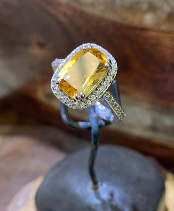 1.50ct Vintage Diamond Halo Floral Citrine Cocktail Ring 14K Yellow Gold  November Birthstone