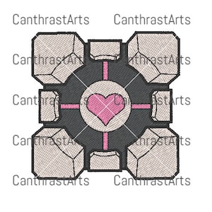 May include: A gray and white cube with a pink heart in the center. The cube has a grid pattern on each side.