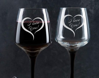 Ensemble de deux verres gravés pour vin rouge, personnalisés avec votre nom dessus