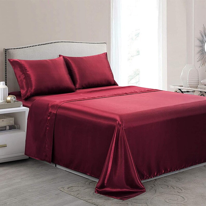 Satin Sheets Queen Size Silky Soft Satin Bed Sheets Burgundy Etsy