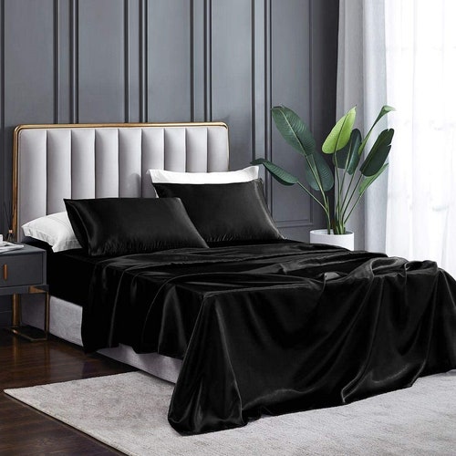 Silky Soft Satin Bed Sheets Black 