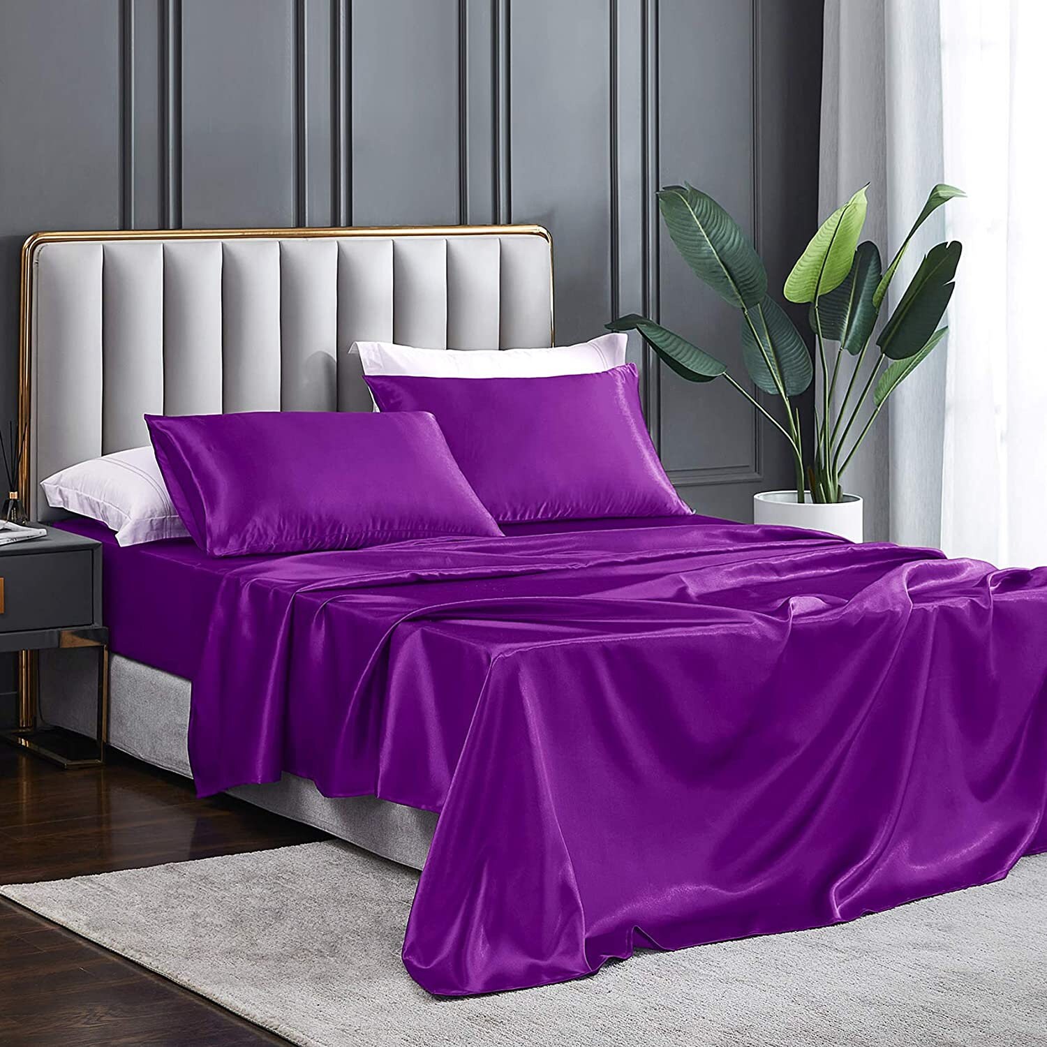 Bedding Hot Pink, Queen Linen Plus Satin Sheet Set Soft Silk Cozy ...