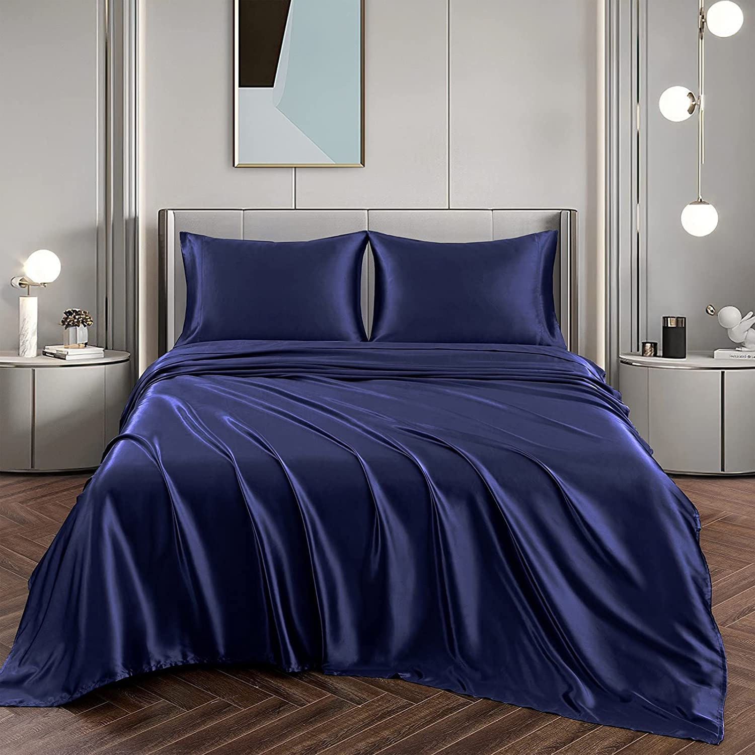 Silky Soft Satin Bed Sheets Navy Satin 