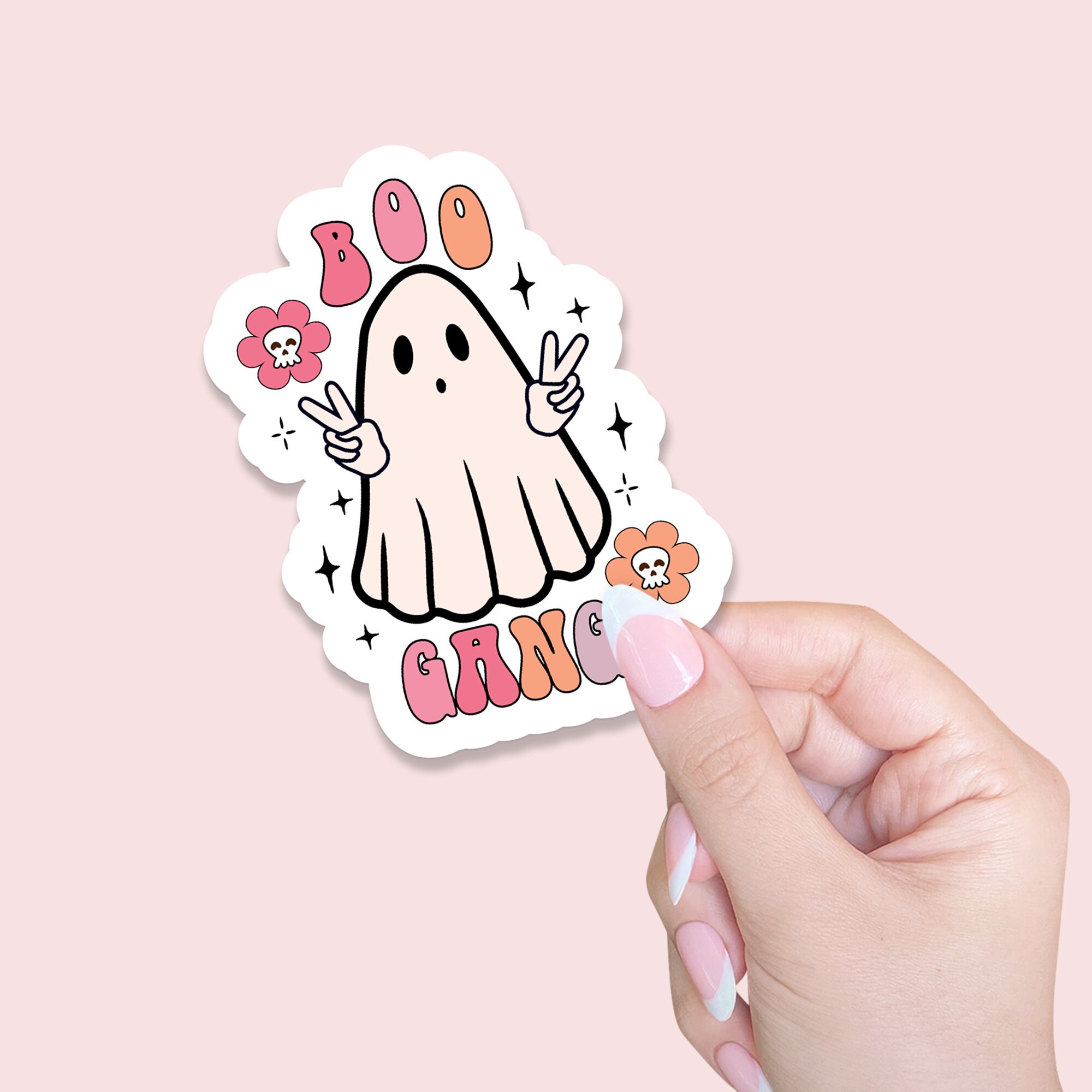 Discover Boo Gang Cute Retro Ghost Halloween Vinyl Sticker, Vintage, Peace Sign, Book Stickers, Planner, Note Book, Water Bottle, Water Resistant