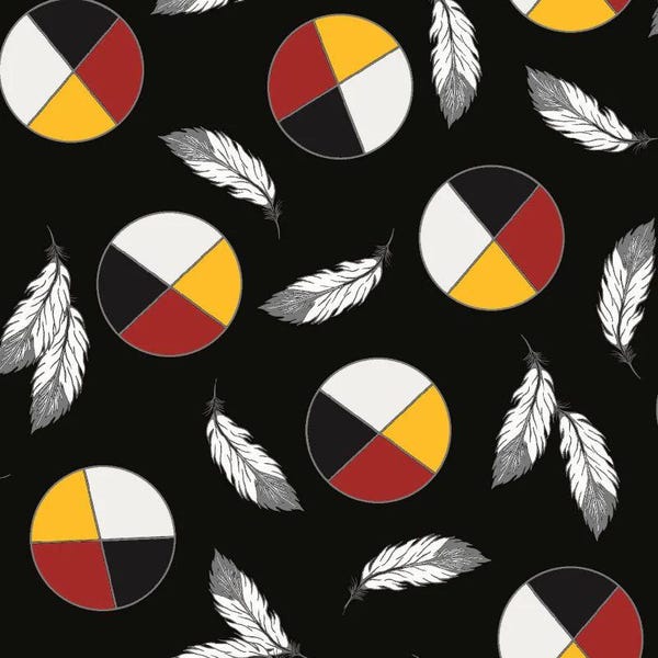 Medicine wheel Native animals bear paws and formline thunderbirds, hummingbirds and Orcas fabric
