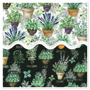 May include: A black and white fabric with a repeating pattern of herbs and their names. The herbs are drawn in a white outline and the names are written in white. The herbs include basil, oregano, sage, thyme, arugula, and rosemary.