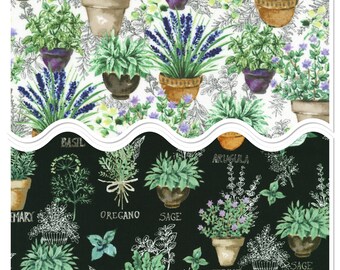 Tejidos combinados con hierbas y flores. Funda para cuencos, agarraderas y soportes para cacerolas.