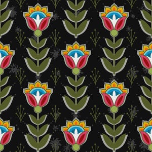 May include: A repeating pattern of stylized flowers and leaves on a black background. The flowers have red, yellow, and blue petals, with green stems and leaves. The design has a vintage, folk art aesthetic.