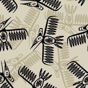 May include: A repeating pattern featuring stylized black birds with outstretched wings and hand-like shapes on a beige background. The birds have long beaks and feather-like details. The design has a Native American or tribal art aesthetic.